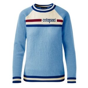 cotopaxi Light Blue Crewneck Sweater with Cream, Navy & Burgundy Accents